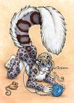  all_fours ball_of_yarn breasts feline female fur leopard mammal nude playful raised_tail snow_leopard solo tail white white_fur xianjaguar yarn 