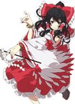  bangle black_hair bow bracelet detached_sleeves embellished_costume frills gohei hair_bow hair_tubes hakurei_reimu hand_gesture hands hirasaka_ine jewelry long_hair nail_polish ponytail red_eyes simple_background smile solo touhou 