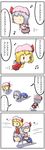  4koma all_fours blonde_hair comic flandre_scarlet girl_on_top highres human_chair human_furniture izayoi_sakuya multiple_girls musical_chairs musical_note on_head person_on_head potaaju remilia_scarlet shadow silver_hair sitting sitting_on_person touhou translated 