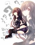  ? ass black_legwear breasts brown_hair elbow_gloves from_behind gloves hair_over_one_eye highres large_breasts long_hair looking_back mamuru original panties red_eyes solo thighhighs underwear zoom_layer 