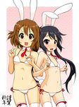  2girls animal_ears bikini black_hair brown_eyes brown_hair bunny_ears bunny_tail flat_chest highres hirasawa_yui k-on! k10k long_hair multiple_girls nakano_azusa navel necktie short_hair swimsuit tail thighhighs twintails v white_legwear 