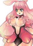  :d animal_ears bad_id bad_pixiv_id blush breast_grab breasts bunny_ears grabbing green_eyes happy heart large_breasts long_hair melona midriff open_mouth pink_hair prehensile_hair queen's_blade revealing_clothes rocb see-through simple_background smile solo thighs tongue underboob wide_hips 