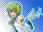  blush frog green_eyes green_hair highres kochiya_sanae smile snake solo star sukuna-bikona_(tokoyo_no_higashi) touhou 