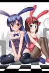  amami_haruka animal_ears blue_hair blush bow brown_eyes brown_hair bunny_ears bunny_girl bunnysuit checkered checkered_floor embarrassed green_eyes hair_bow hair_ribbon highres idolmaster idolmaster_(classic) kisaragi_chihaya letterboxed long_hair multiple_girls pantyhose ribbon short_hair sitting smile takasaka_donten thighhighs v_arms wariza 