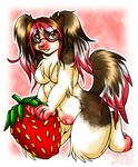  2008 breasts brown brown_eyes brown_hair canine chest_tuft claws dog female food glasses hair inuki kneeling long_brown_hair long_hair looking_at_viewer piercing pussy solo strawberry tail white 