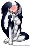  2000 breasts bushy_tail chest_tuft dark_blue dr_comet female hair looking_at_viewer one_eye_closed pink_hair purple_eyes pussy short_hair sitting skunk solo tail tongue unknown_character white 