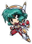  90s ahoge armor bad_id bad_pixiv_id bodysuit boots chibi full_body gloves greaves green_eyes green_hair headgear iczelion iczer_(series) kai_nagisa knee_boots looking_at_viewer mecha_musume okuri_ookami open_mouth robot_ears short_hair simple_background solo white_background 