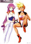  90s boots cat dirty_pair dirty_pair_flash kei_(dirty_pair) kimura_takahiro legs long_hair long_legs multicolored_hair multiple_girls official_art orange_hair purple_eyes purple_hair short_hair simple_background sitting spread_legs tan thigh_boots thighhighs yuri_(dirty_pair) 