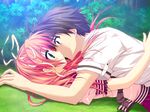  game_cg grass hoshizora_e_kakaru_hashi kiss long_hair nakatsugawa_ui pink_hair ryohka 