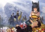  6+boys animal_ears armor arrow banana bare_shoulders black_hair breasts brown_eyes dress earrings flower food forest fruit funeral grin hjl jewelry light_rays long_hair multiple_boys multiple_girls nature necklace pixiv_fantasia pixiv_fantasia_5 polearm riding small_breasts smile strapless strapless_dress sunbeam sunlight sword tears weapon 