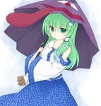  bad_id bad_pixiv_id detached_sleeves frog fuuen_(akagaminanoka) green_eyes green_hair hair_ornament karakasa_obake kochiya_sanae long_hair snake solo tatara_kogasa_(umbrella) tongue touhou umbrella 