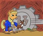  blonde_hair canine cave cowboy_hat dog equine fallout female feral friendship_is_magic green_eyes hair hat horse mammal my_little_pony pipboy pony rock sand tan unknown_artist vault vault_13 winona_(mlp) 