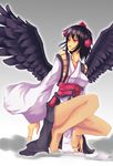  bad_anatomy bad_hands bare_legs barefoot black_hair dacho expressionless feet hat japanese_clothes legs looking_away parted_lips red_eyes shameimaru_aya short_hair solo squatting tokin_hat touhou wings 