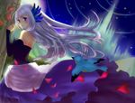  bare_shoulders bird blue_eyes blush detached_sleeves dress fukuda935 gwendolyn hair_ornament long_hair odin_sphere petals solo strapless strapless_dress 