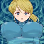  blush breast_hold breasts cleavage crossed_arms erect_nipples formal huge_breasts looking_at_viewer metroid ryukishi samus_aran smile suit zero_suit 