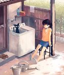  black_hair bucket casual cat door doorknob kimura_(pixiv178485) no_socks original ponytail shadow sitting slippers smile solo stool sunlight washing_machine 