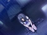  alpha_(yukai_na_nakamatachi) black_hair closed_eyes game_cg highres kneeling kourin_no_machi_lavender_no_shoujo long_hair outdoors rain sakuragi_hikaru school_uniform solo 