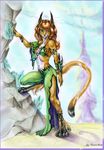  breasts cleavage crystal ear_piercing esa82 feline female green_eyes jewelry lynx piercing skimpy solo 