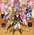  5girls amplifier aoi_(houkago_no_pleiades) band bass_guitar black_hair blonde_hair blue_eyes cape drum drum_set electric_guitar glasses gloves guitar hat hikaru_(houkago_no_pleiades) houkago_no_pleiades instrument itsuki_(houkago_no_pleiades) k-on! keyboard_(instrument) long_hair manoru minato_(houkago_no_pleiades) multiple_girls nanako_(houkago_no_pleiades) parody pink_hair pleiadean red_hair short_hair smile staff star subaru_(houkago_no_pleiades) synthesizer thighhighs twintails 
