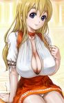  anna_miller blonde_hair blue_eyes breasts choker cleavage eyebrows huge_breasts k-on! kotobuki_tsumugi long_hair orange_skirt panties pantyshot rasukaru skirt smile solo thick_eyebrows underwear waitress 