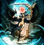  black_hair black_legwear black_wings chain genzoman horns long_hair midriff moon nehtali_(red_horizon) pillar red_horizon scythe skull solo universal_fighting_system wings 