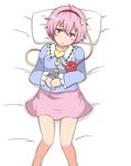  bed blush eyeball hairband heart komeiji_satori lying on_back pillow pink_hair red_eyes short_hair solo third_eye touhou tsukigi 