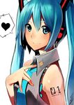  aqua_eyes aqua_hair bare_shoulders close-up closed_mouth eyebrows face hand_on_own_chest hands hatsune_miku heart ichiko_oharu necktie smile solo spoken_heart twintails vocaloid 