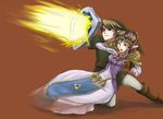  1girl blonde_hair blue_eyes brown_hair chikuwa_(rinka) gloves hat link pointy_ears princess_zelda shield the_legend_of_zelda the_legend_of_zelda:_twilight_princess 