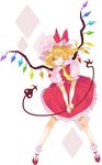  absurdres ascot bad_id bad_pixiv_id bow dress flandre_scarlet hat hat_bow highres laevatein one_eye_closed red_eyes short_sleeves side_ponytail slit_pupils solo touhou wings yutsumoe 