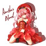  another_blood choco_la_tea demonbane dress finger_to_mouth hat kneeling pink_hair red red_eyes see-through shadow simple_background solo 