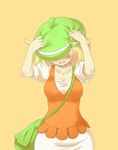  bag bel_(pokemon) bell_(pokemon) beret blonde_hair blush breasts cleavage dress female hat large_breasts moe open_mouth pokemon pokemon_(game) pokemon_black_and_white pokemon_bw short_hair simple_background solo 