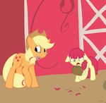  applebloom_(mlp) applejack_(mlp) barn bow cowboy_hat cub equine fail female feral friendship_is_magic haircut hand_mirror hat horse mammal mirror my_little_pony oops pony scissors shocked sibling sisters unknown_artist young 