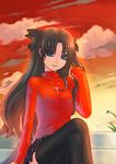  black_legwear blue_eyes crossed_legs fate/stay_night fate_(series) highres long_hair long_legs sitting solo sunset thighhighs toosaka_rin turtleneck two_side_up zerogyakuten zettai_ryouiki 