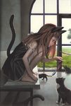  animal_ears barefoot bench black_dress brown_hair cat cat_ears cat_tail copyright_request dress full_body glass_door grass hair_ribbon hands_on_feet indoors jewelry long_hair murata_renji necklace ribbon solo squatting strap_slip sundress tail window 