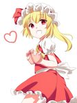  :d ascot bad_id bad_pixiv_id blonde_hair box chocolate flandre_scarlet gift hat heart heart-shaped_box holding holding_gift niyo open_mouth red_eyes short_sleeves side_ponytail simple_background smile solo touhou valentine 