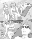  2girls antenna_hair ass beach bikini clannad comic drawfag family furukawa_nagisa greyscale monochrome multiple_girls ocean okazaki_tomoya okazaki_ushio sand_castle sand_sculpture sunglasses swimsuit 