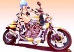  ayanami_rei blue_hair boots elbow_pads eva_00 gradient gradient_background ground_vehicle knee_pads kotatsu-spirit looking_at_viewer motor_vehicle motorcycle neon_genesis_evangelion red_eyes short_hair shoulder_pads sitting solo 