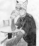 2008 black_and_white canine coffee collar drinking fishnet fox girly glasses hi_res male monochrome necklace sketch solo wred wred_character 