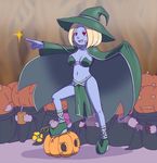  blue_skin breasts cleavage halloween hat jack-o'-lantern jack-o-lantern monster_girl pumpkin witch witch_hat 