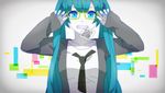  39 adjusting_eyewear aqua_eyes aqua_hair bespectacled cardigan fangs glasses grin hatsune_miku long_hair looking_at_viewer mohi_(neku_re) nail_polish necktie pale_skin qr_code smile solo twintails upper_body vocaloid yellow-framed_eyewear 