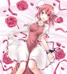  bandages blush breasts bun_cover chain covered_nipples cuffs double_bun flower gisyo ibaraki_kasen large_breasts lying on_back petals pink_hair red_flower red_rose rose shackles short_hair solo tabard touhou white_flower white_rose yellow_eyes 