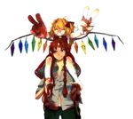  ankle_grab barefoot blood blue_eyes bruise carrying dirty dirty_feet flandre_scarlet foreshortening hachimillion hong_meiling injury multiple_girls shoulder_carry simple_background smile touhou v 