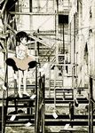  bad_id bad_pixiv_id barefoot black_hair bob_cut child dress envelope flying_paper highres kahama_youko ladder monochrome nib_pen_(medium) original paper postcard scenery short_hair solo stairs standing traditional_media wind wind_lift 