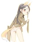  animal_ears back black_hair blush brown_eyes canine female fox foxgirl glasses hair hentai kemonomimi kitsunemimi long_black_hair long_hair looking_at_viewer looking_over_shoulder panties soft solo standing tail underwear unknown_artist 