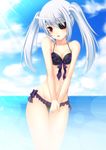  :&lt; bare_shoulders bikini blush breasts cleavage eyepatch groin infinite_stratos koneko_(nonnkimono) laura_bodewig navel red_eyes silver_hair small_breasts solo swimsuit thigh_gap twintails 