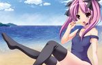  bad_id bad_pixiv_id beach food highres long_hair one-piece_swimsuit original pink_hair popsicle purple_eyes runa7 school_swimsuit sexually_suggestive solo swimsuit thighhighs twintails 