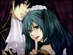  1girl aqua_eyes aqua_hair asami_yoruko blue_eyes blue_hair earrings face finger_to_mouth formal gloves hair_ribbon hand_on_another's_head hatsune_miku jewelry kaito long_hair open_mouth ribbon shushing vocaloid 