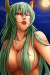  7/11_(fukuso) blush breasts collarbone ex-keine eyelashes full_moon green_hair hair_censor hair_over_breasts highres horn_ribbon horns kamishirasawa_keine large_breasts lips lipstick long_hair makeup moon nude one_eye_closed red_eyes ribbon smile solo touhou upper_body 