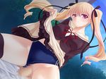  ayase_hazuki blonde_hair buruma buruma_aside censored day game_cg hair_ribbon kiryuu_arisa makai_princess mosaic_censoring naughty_face penis purple_eyes ribbon school_uniform sex skirt skirt_lift solo_focus thighhighs twintails vaginal 