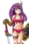  ahoge armor athena_(series) bad_id bad_pixiv_id bikini bikini_armor breasts elbow_gloves gloves large_breasts leg_garter long_hair okuri_ookami princess_athena purple_eyes purple_hair red_bikini shield simple_background smile snk solo swimsuit sword weapon 